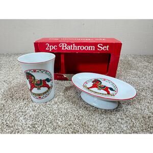 VTG Ceramic Tumbler and Soap Dish Set Made in Japan Rocking Horse Christmas